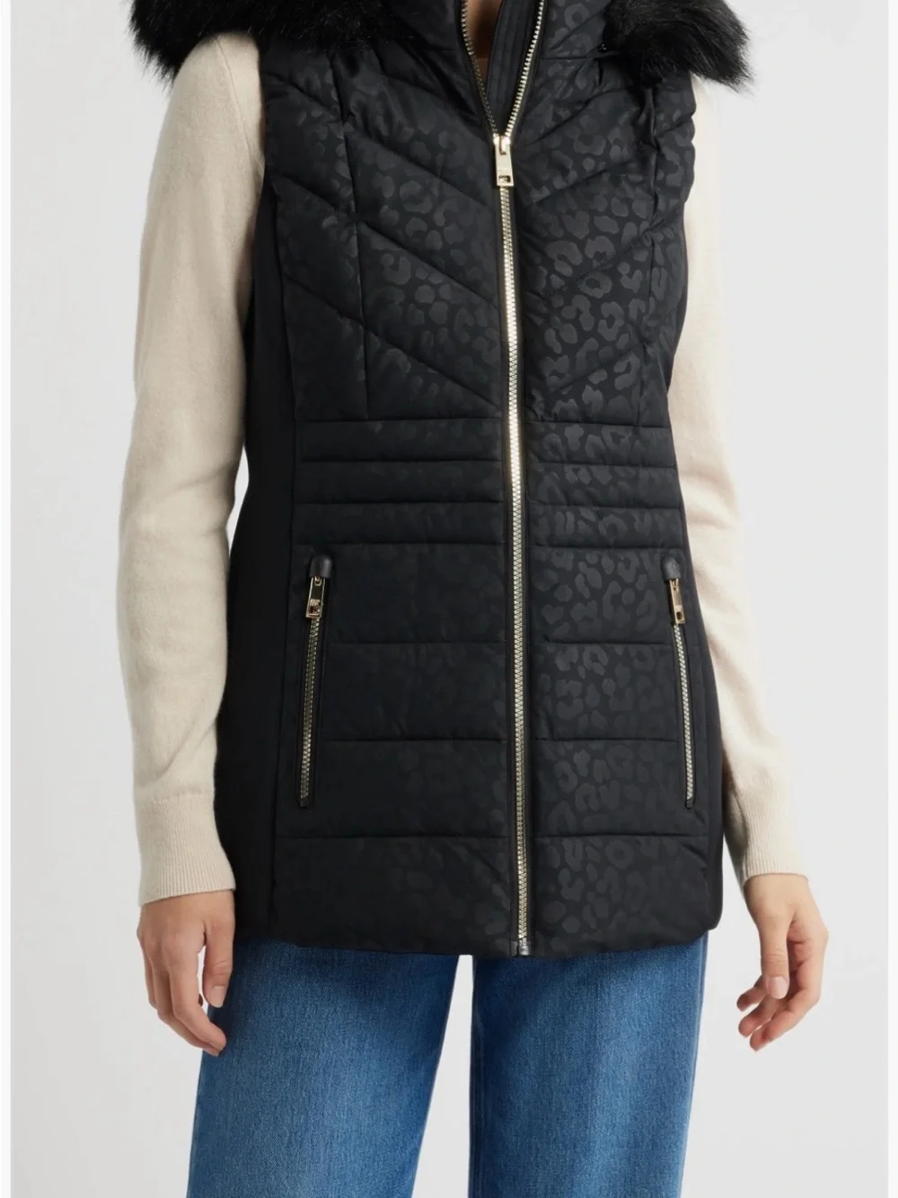 Michael Kors Never Worn Black Quilted Hooded Vest with Faux Fur Trim